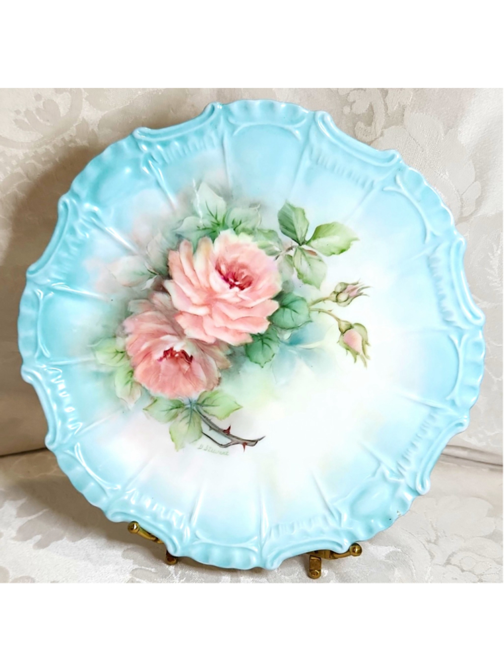 Vtg Hand Painted Porcelain Glenda Stewart Crawfordville GA Pink Roses Lt Blue
